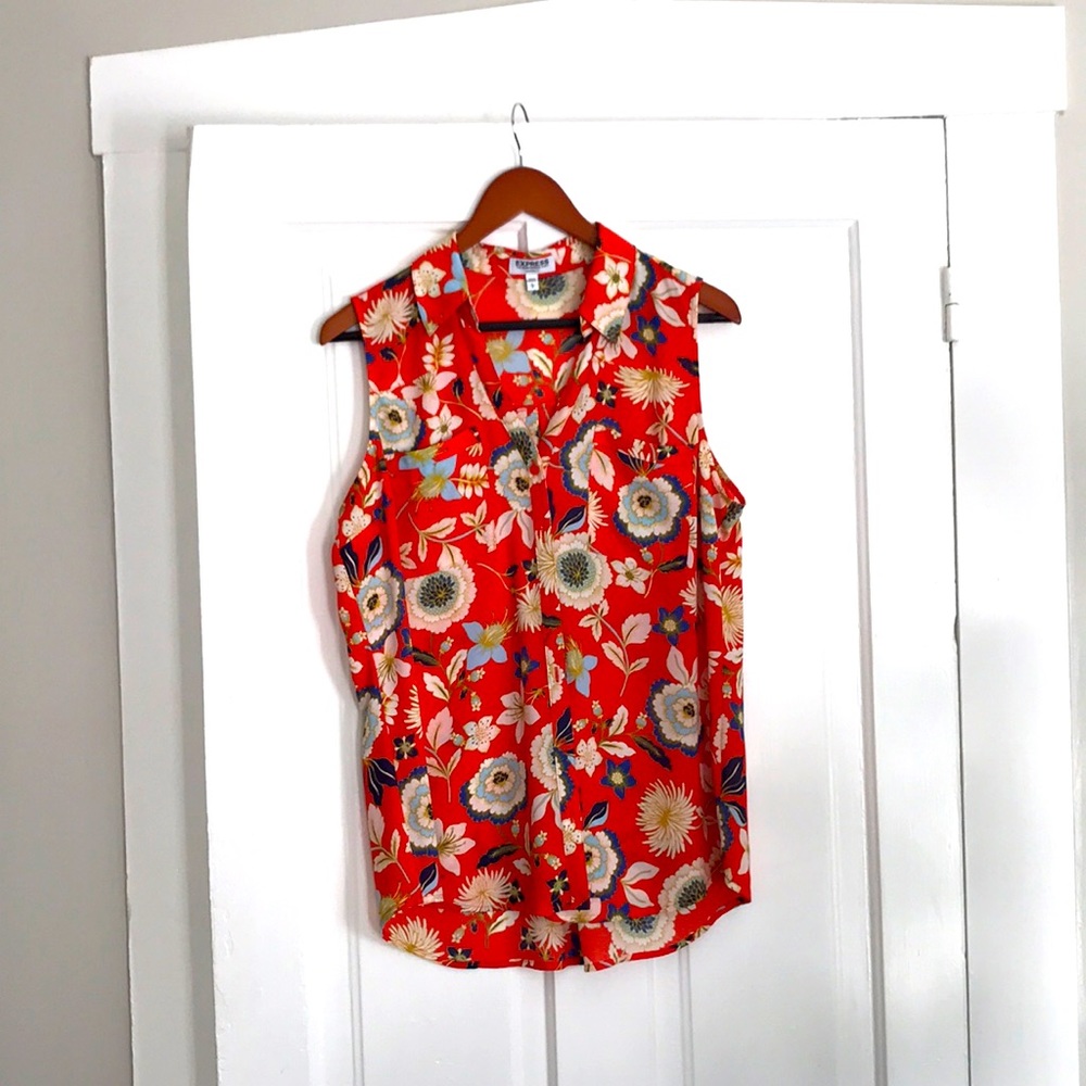Express Floral Sleeveless Collared Blouse L